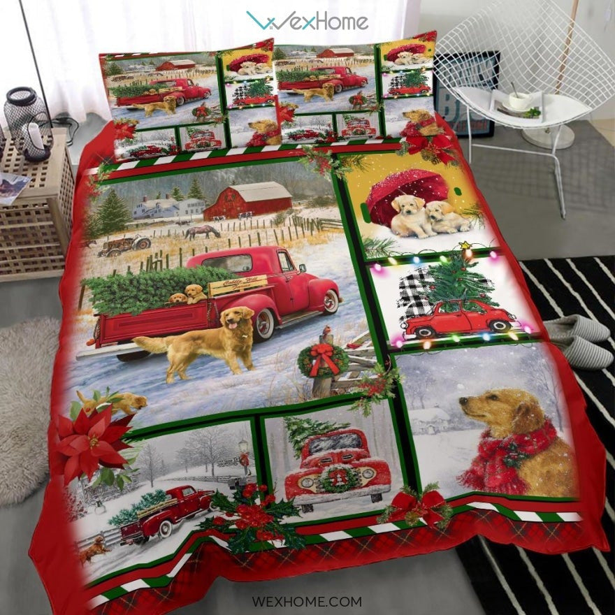 Golden Retriever Red Truck Christmas Quilt Bedding - Duvet Cover And Pillowcase Set - Unique Design Amazing Gift