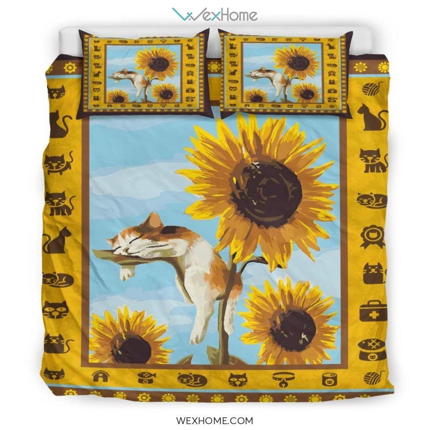 Sleeping Cat & Sunflower Bedding - Duvet Cover And Pillowcase Set - Unique Design Amazing Gift