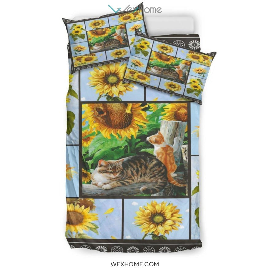 Cat & Sunflower Bedding - Duvet Cover And Pillowcase Set - Unique Design Amazing Gift