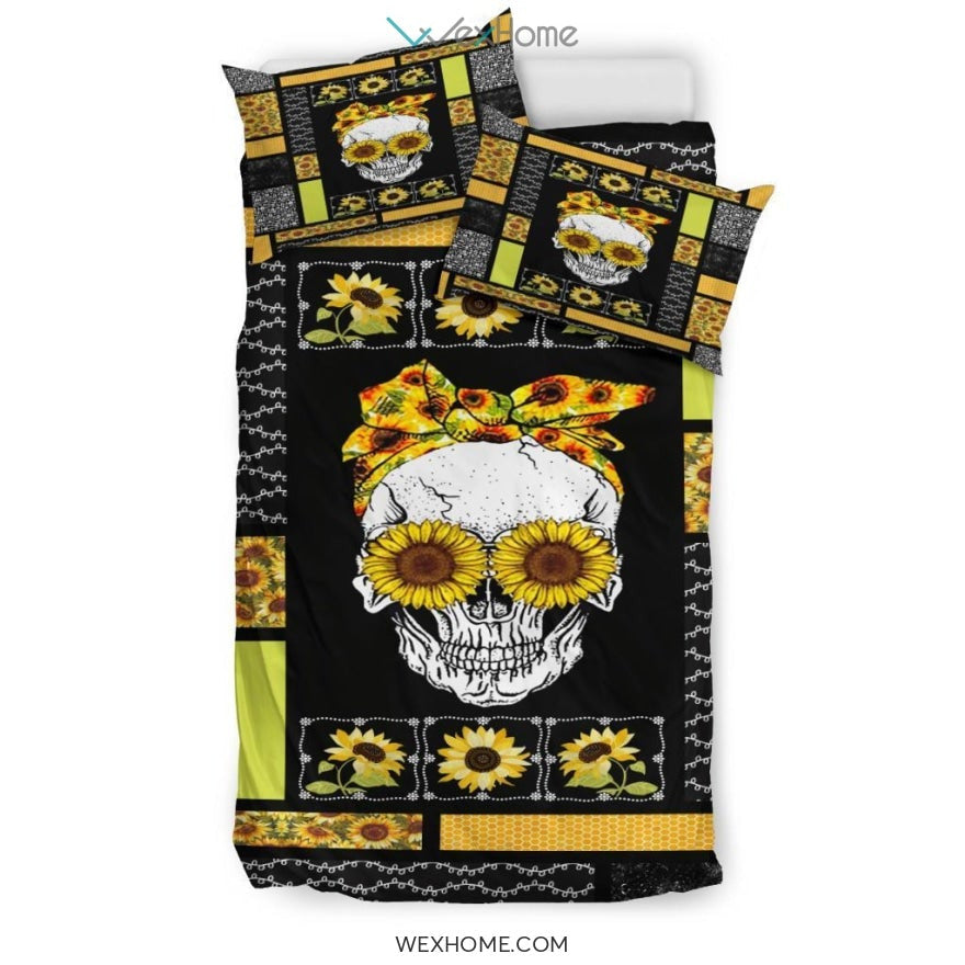 Skull Sunflower Quilt Bedding - Duvet Cover And Pillowcase Set - Unique Design Amazing Gift
