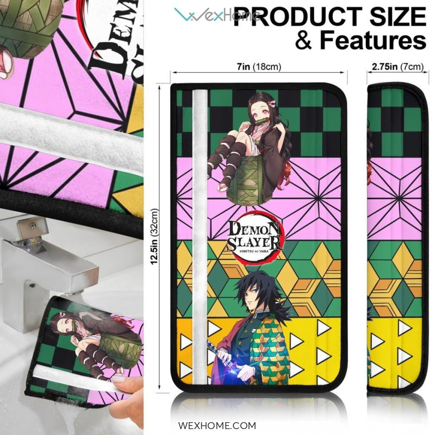Demon Slayer Anime Seat Belt Covers | Tanjiro Nezuko Zenitsu And Giyuu Unique Background Belt Covers