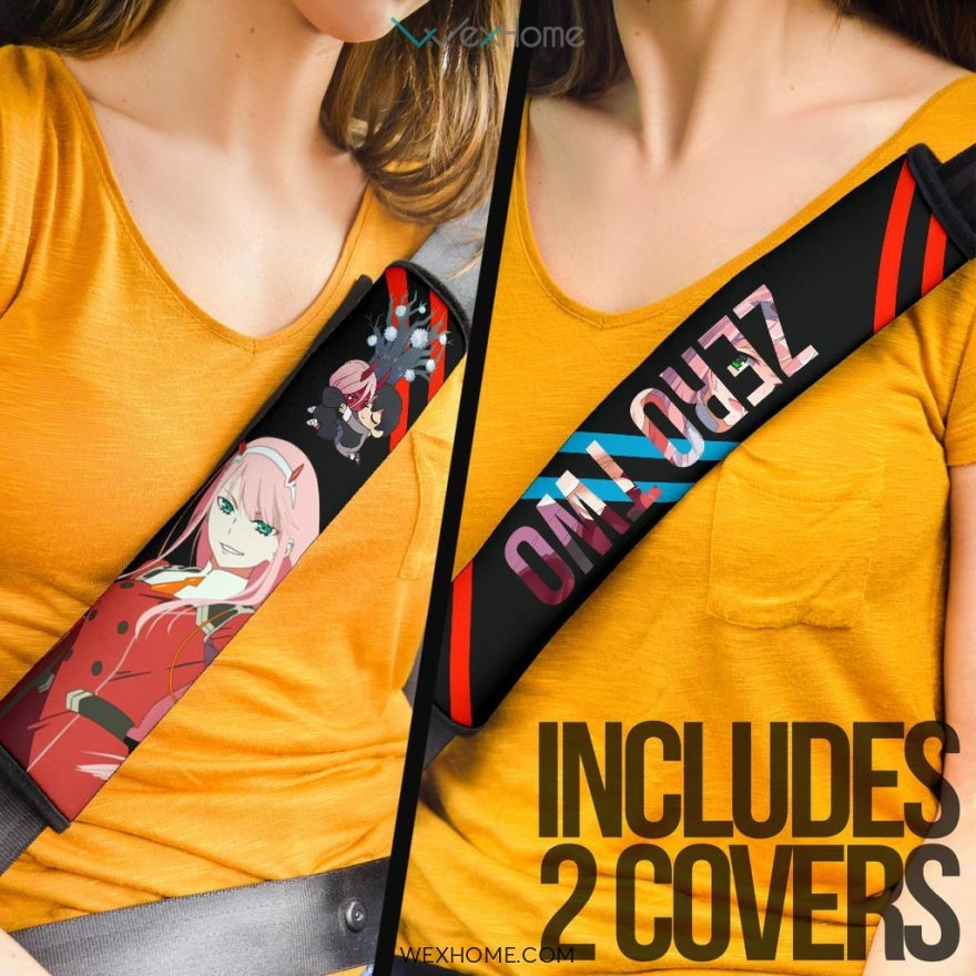 Darling In The Franxx Anime Seat Belt Covers | Zero Two Text Cool Girl Chibi Hug Hiro Belt Covers