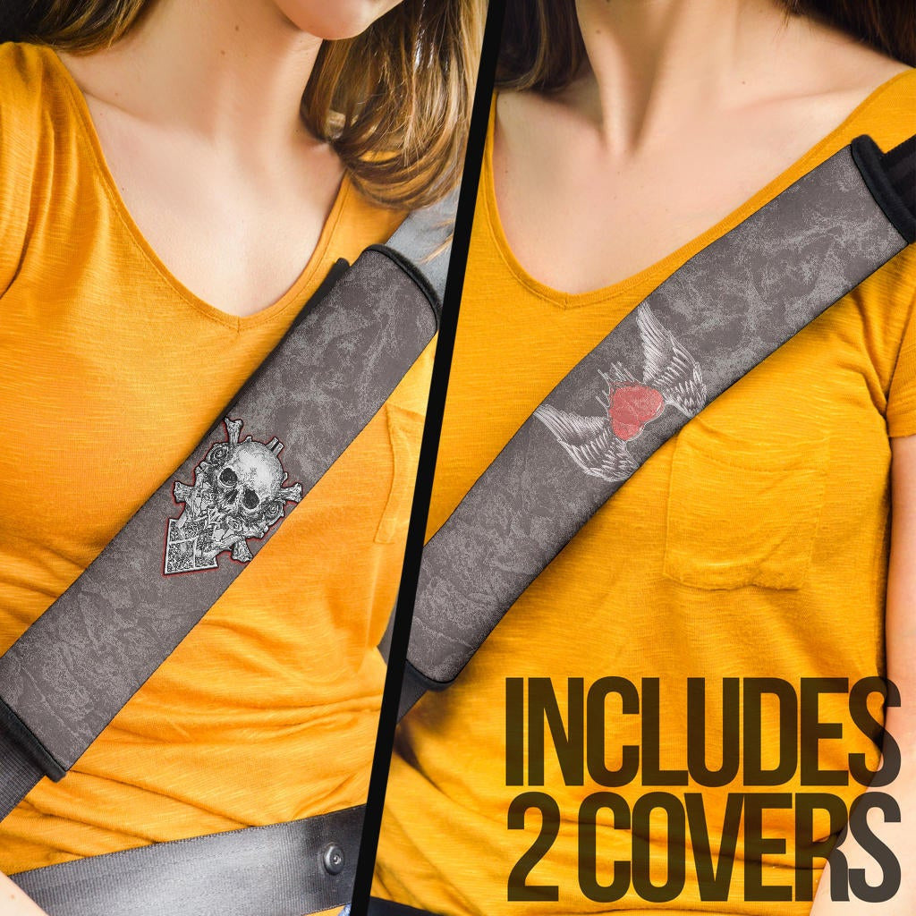 Valentine Seat Belt Covers Medieval Skull With Angel Wings Red Heart Belt Covers