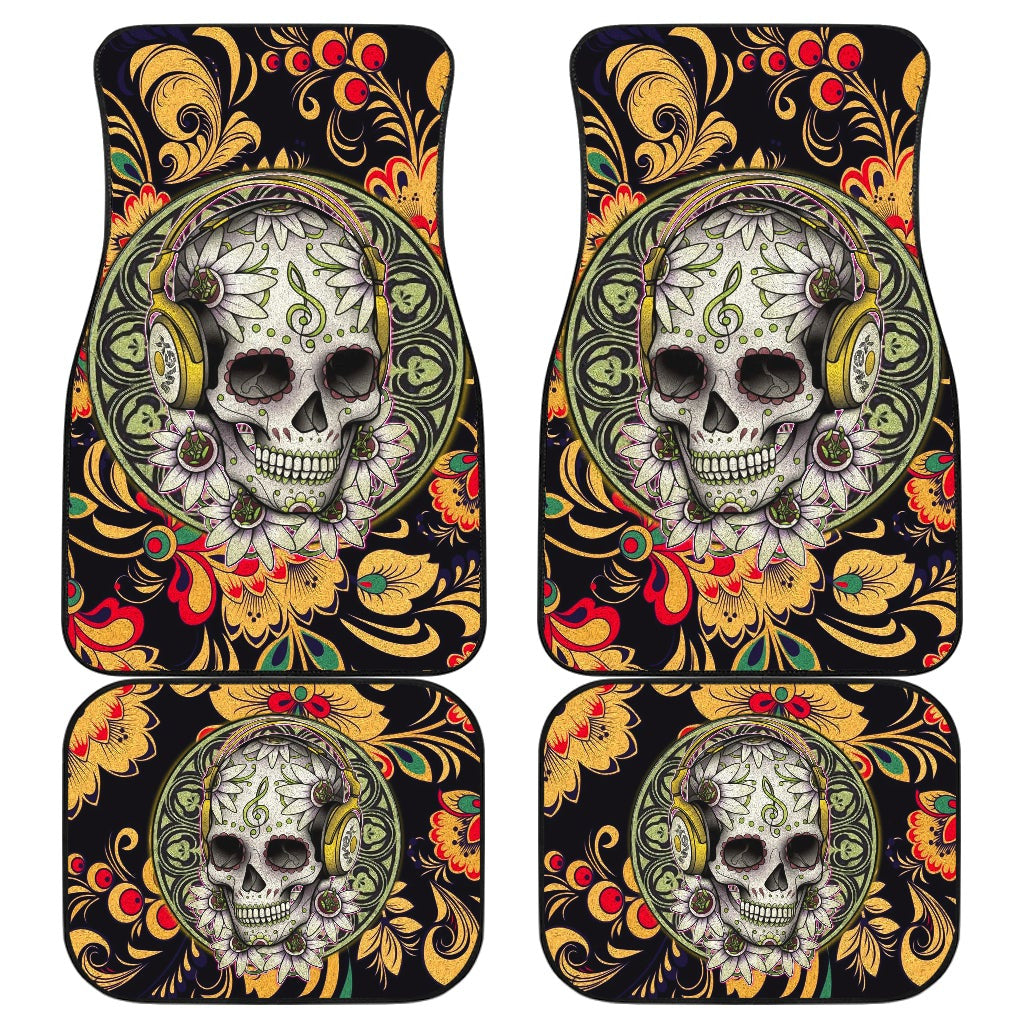 Mandala Skull Wearing Headphones Orange Artwork Car Mats