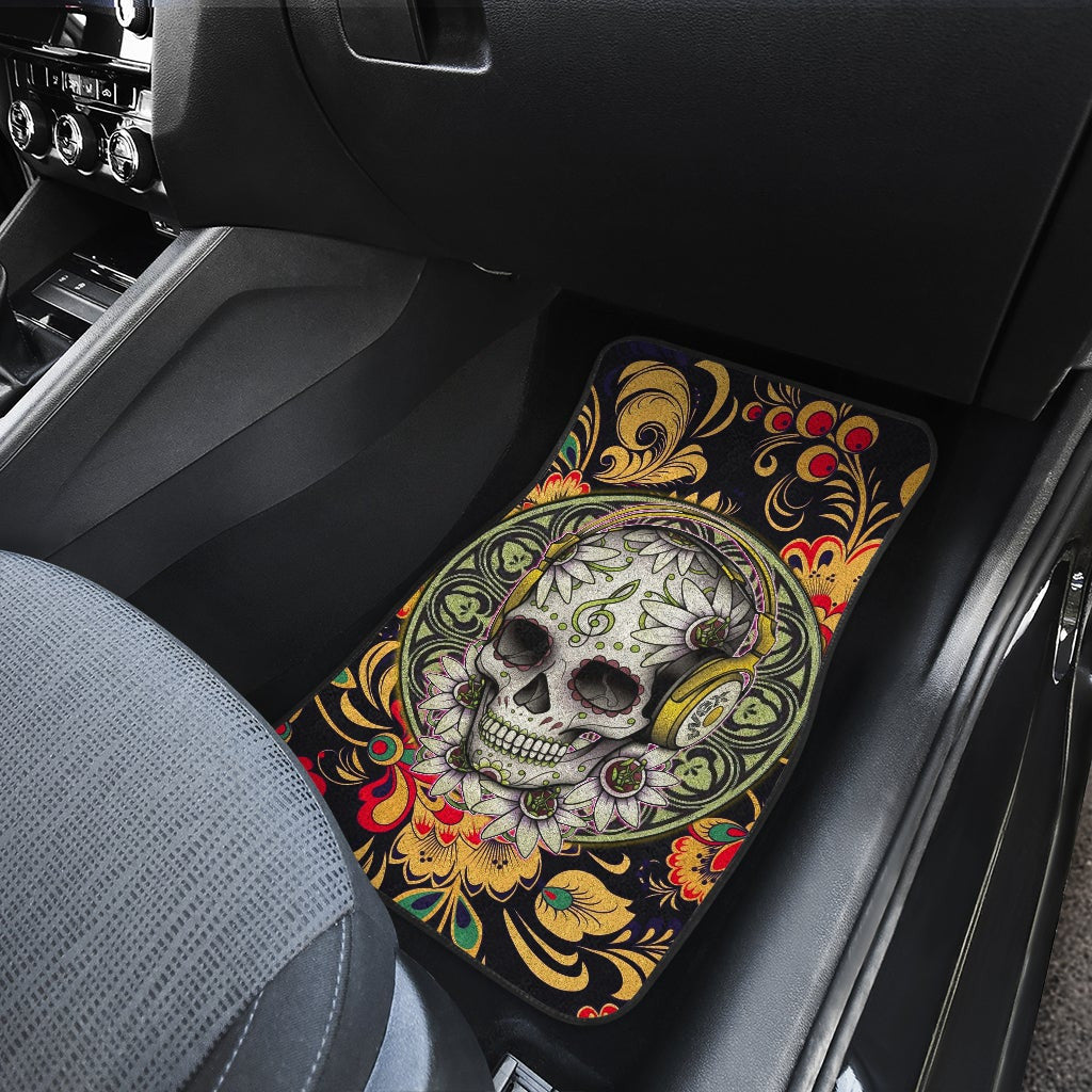 Mandala Skull Wearing Headphones Orange Artwork Car Mats