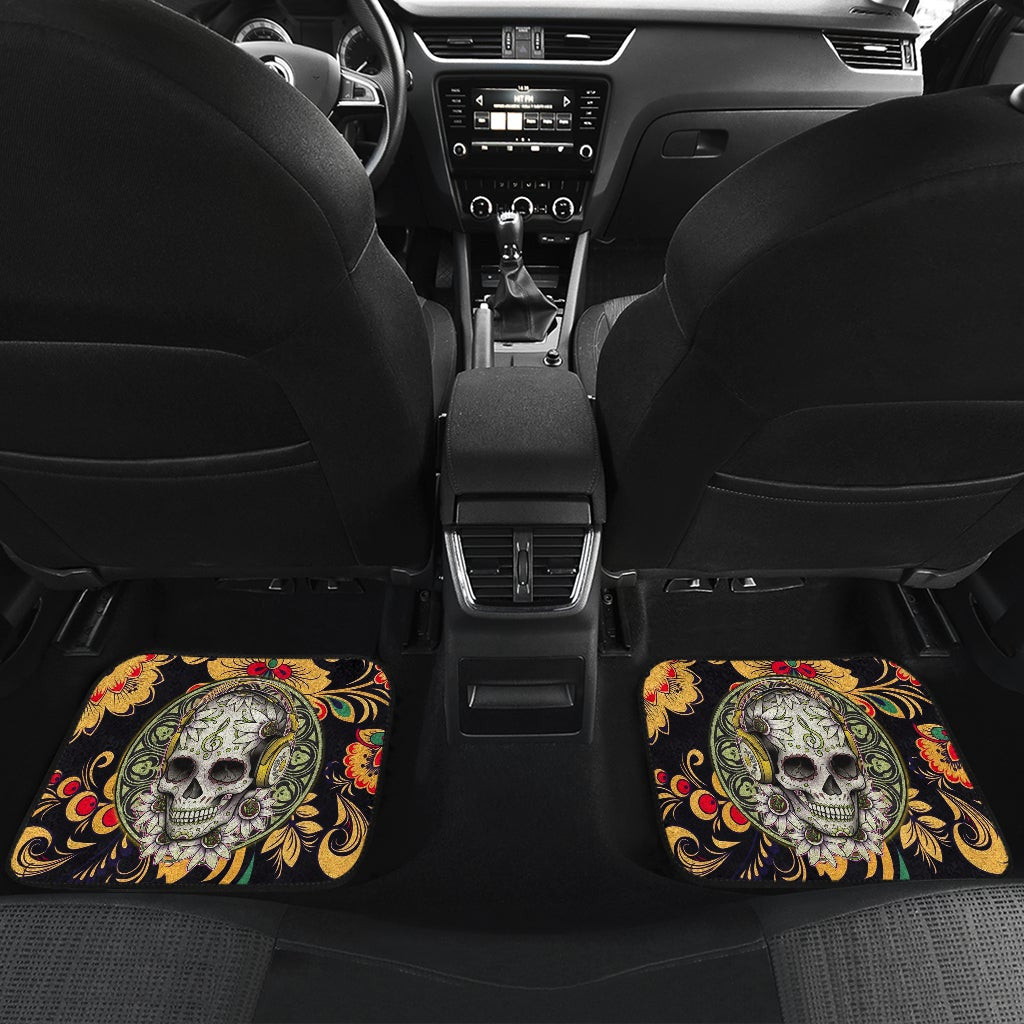 Mandala Skull Wearing Headphones Orange Artwork Car Mats