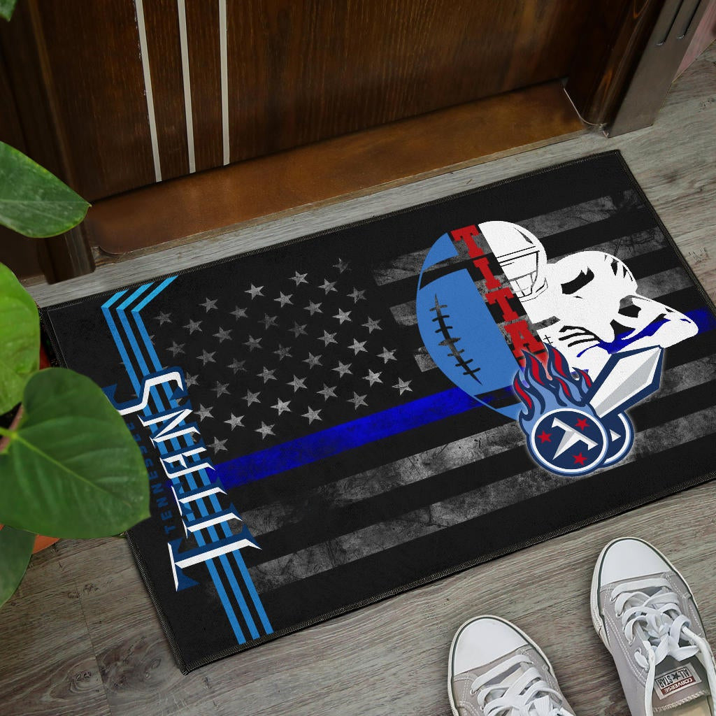 Tennessee Titans American Football Team Door Mat White Player Silhoette With Rugby Ball Black White US Flag Door Mat Home Decor