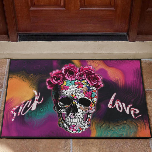 Valentine Door Mat - Mosaic Skull Wearing Rose Crown Sick Love Door Mat Home Decor