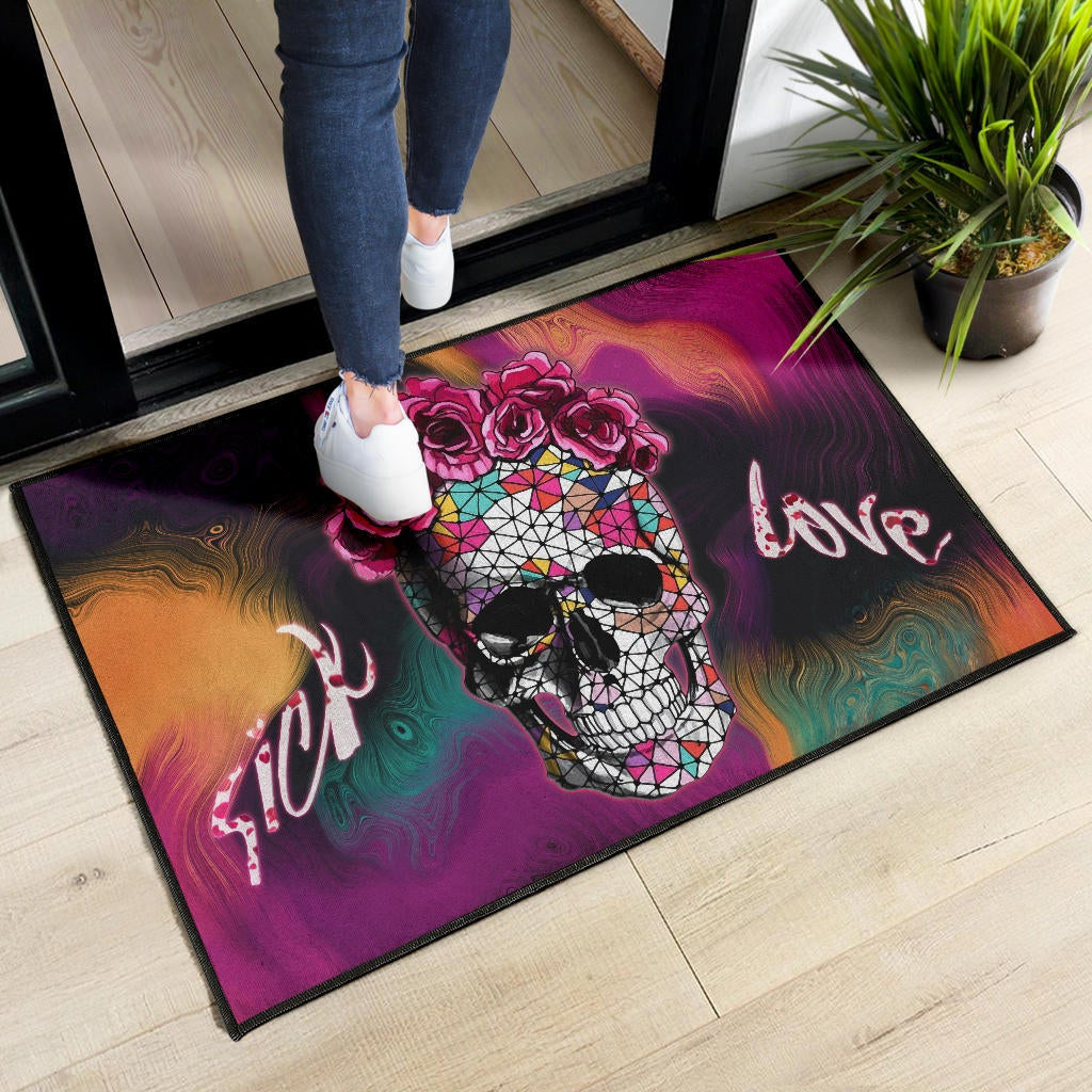 Valentine Door Mat - Mosaic Skull Wearing Rose Crown Sick Love Door Mat Home Decor