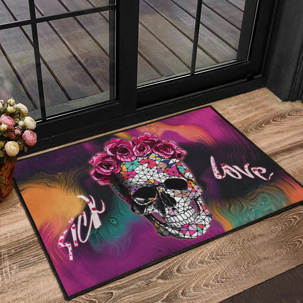 Valentine Door Mat - Mosaic Skull Wearing Rose Crown Sick Love Door Mat Home Decor