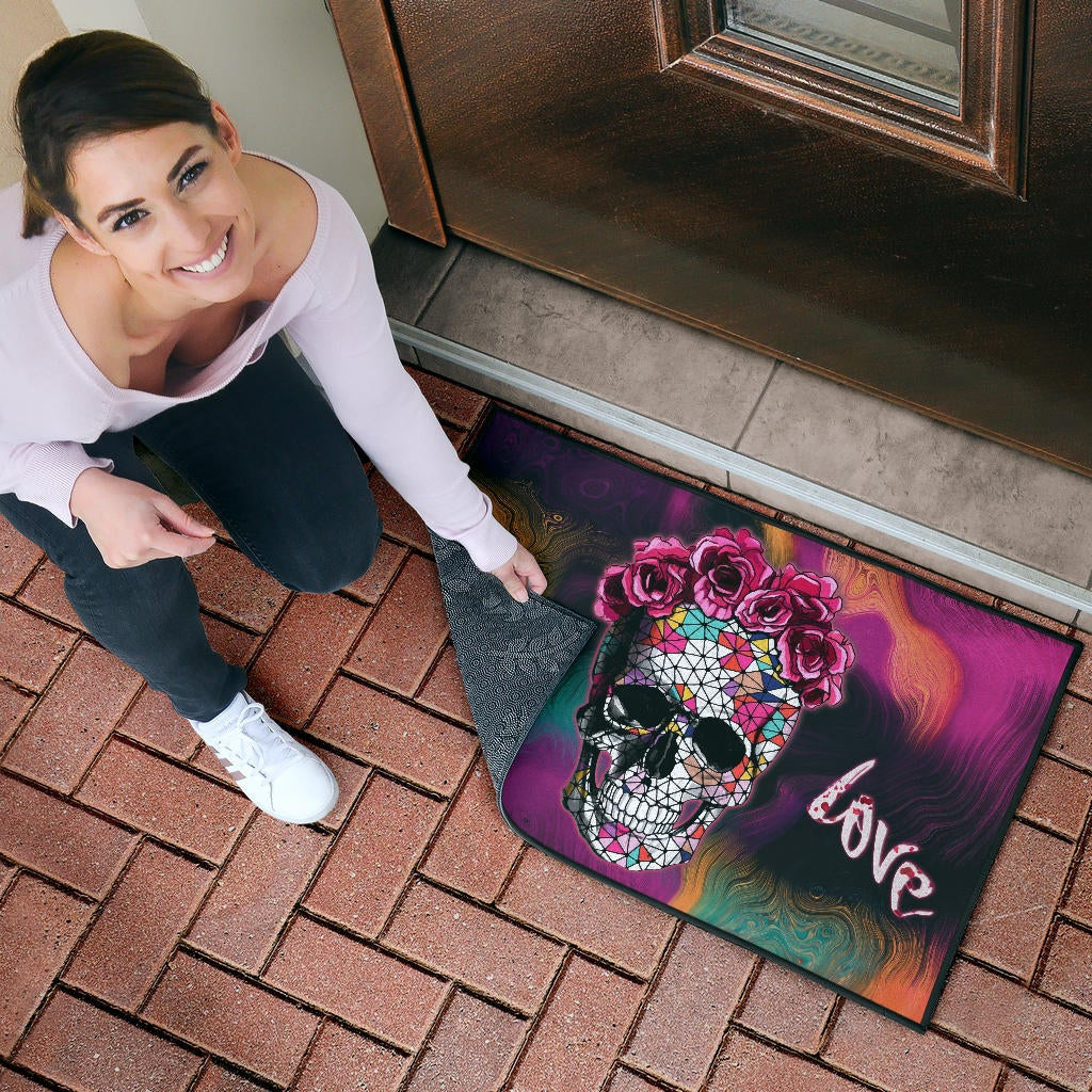 Valentine Door Mat - Mosaic Skull Wearing Rose Crown Sick Love Door Mat Home Decor