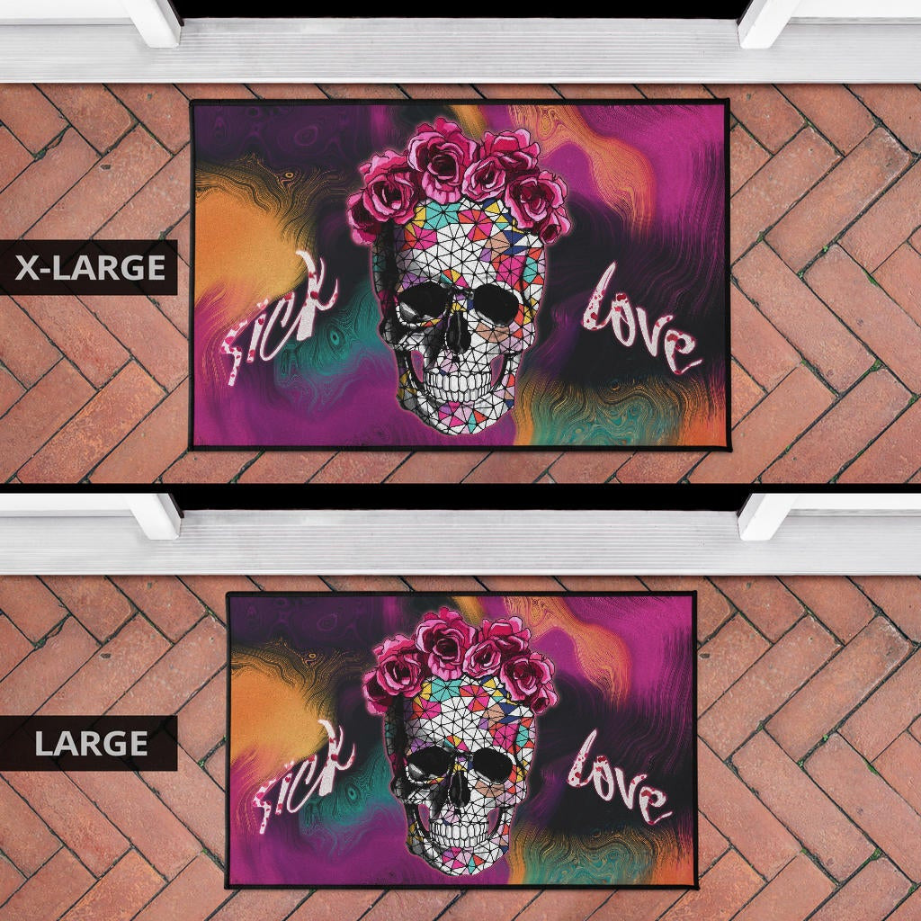 Valentine Door Mat - Mosaic Skull Wearing Rose Crown Sick Love Door Mat Home Decor
