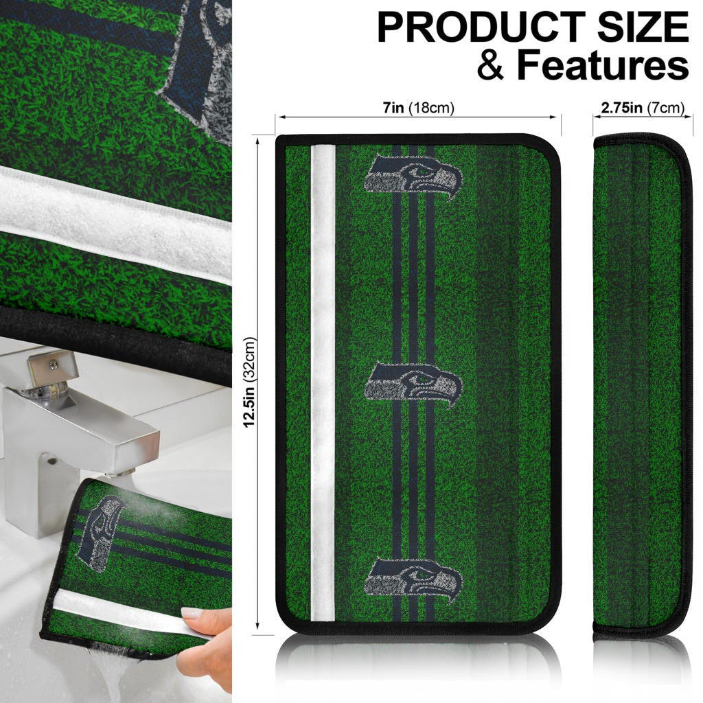 American Football Team Seat Belt Covers - Seattle Seahawks Head On Football Grass Field Belt Covers