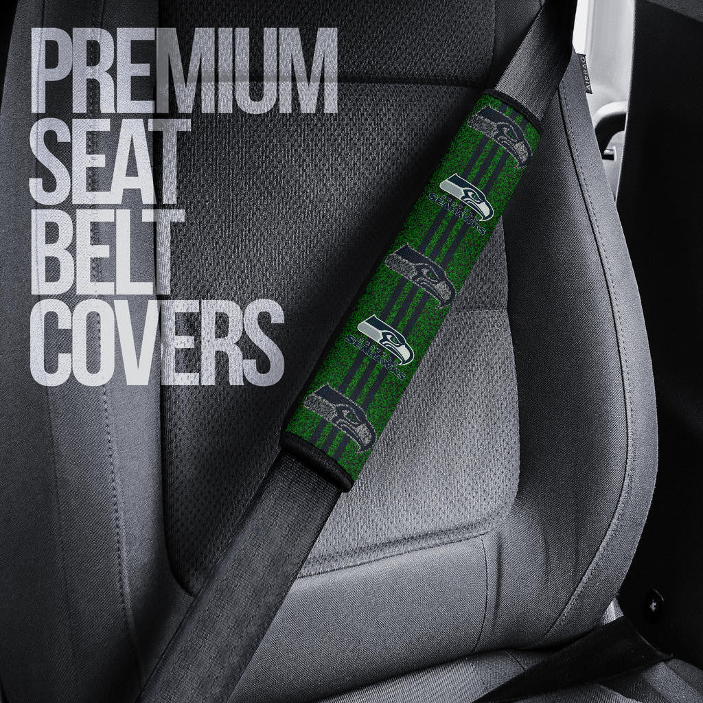 American Football Team Seat Belt Covers - Seattle Seahawks Head On Football Grass Field Belt Covers
