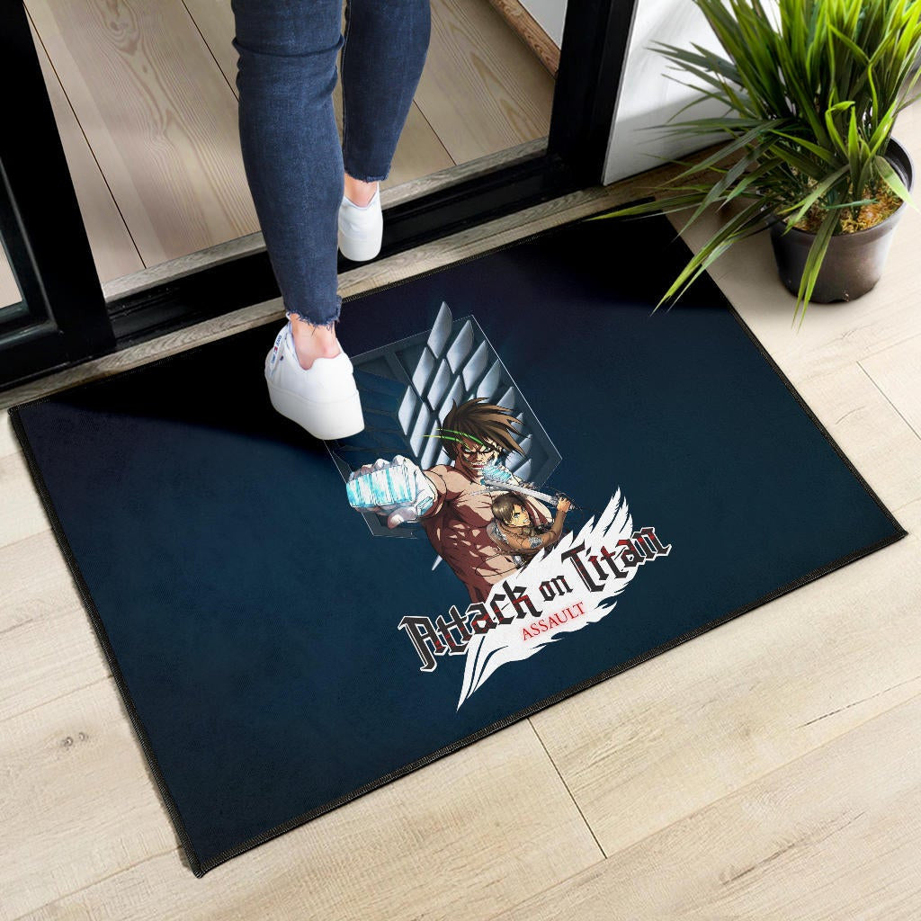 Attack On Titan Anime Door Mat - Eren Titan Punch And Eren Human Metal Wings Of Freedom Door Mat Home Decor