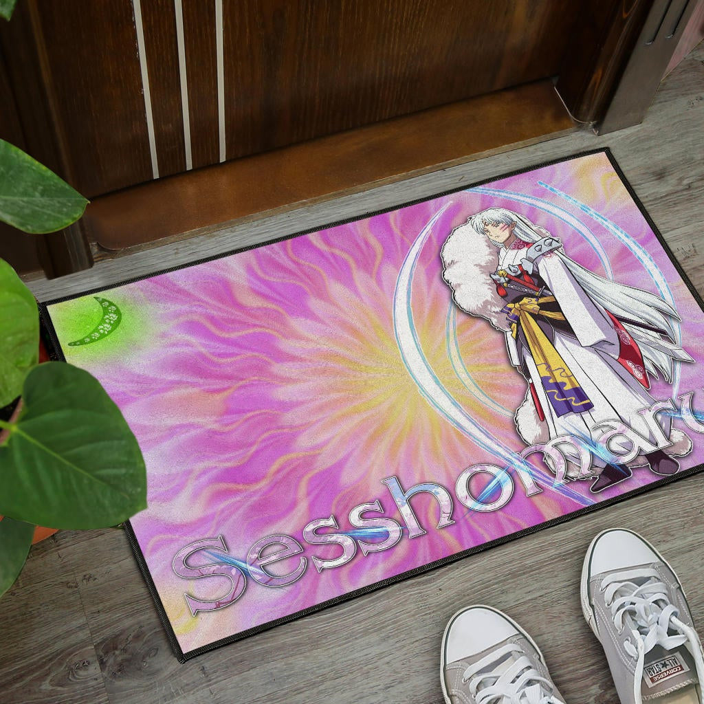 Inuyasha Anime Door Mat Sesshomaru Standing Black Moon Retro Flower Looping Background Door Mat Home Decor
