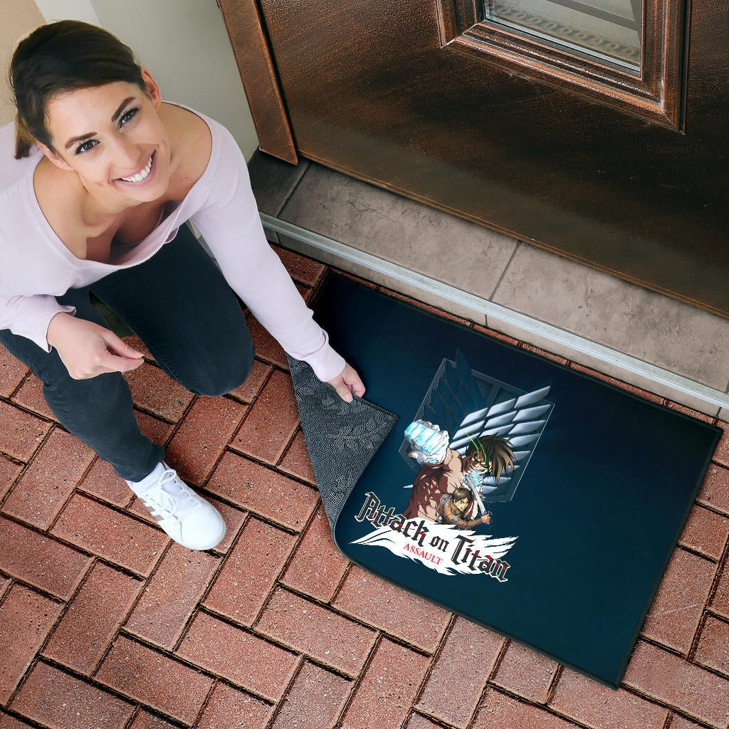 Attack On Titan Anime Door Mat - Eren Titan Punch And Eren Human Metal Wings Of Freedom Door Mat Home Decor
