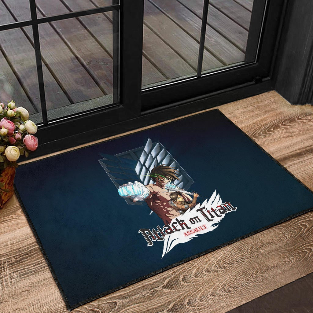 Attack On Titan Anime Door Mat - Eren Titan Punch And Eren Human Metal Wings Of Freedom Door Mat Home Decor