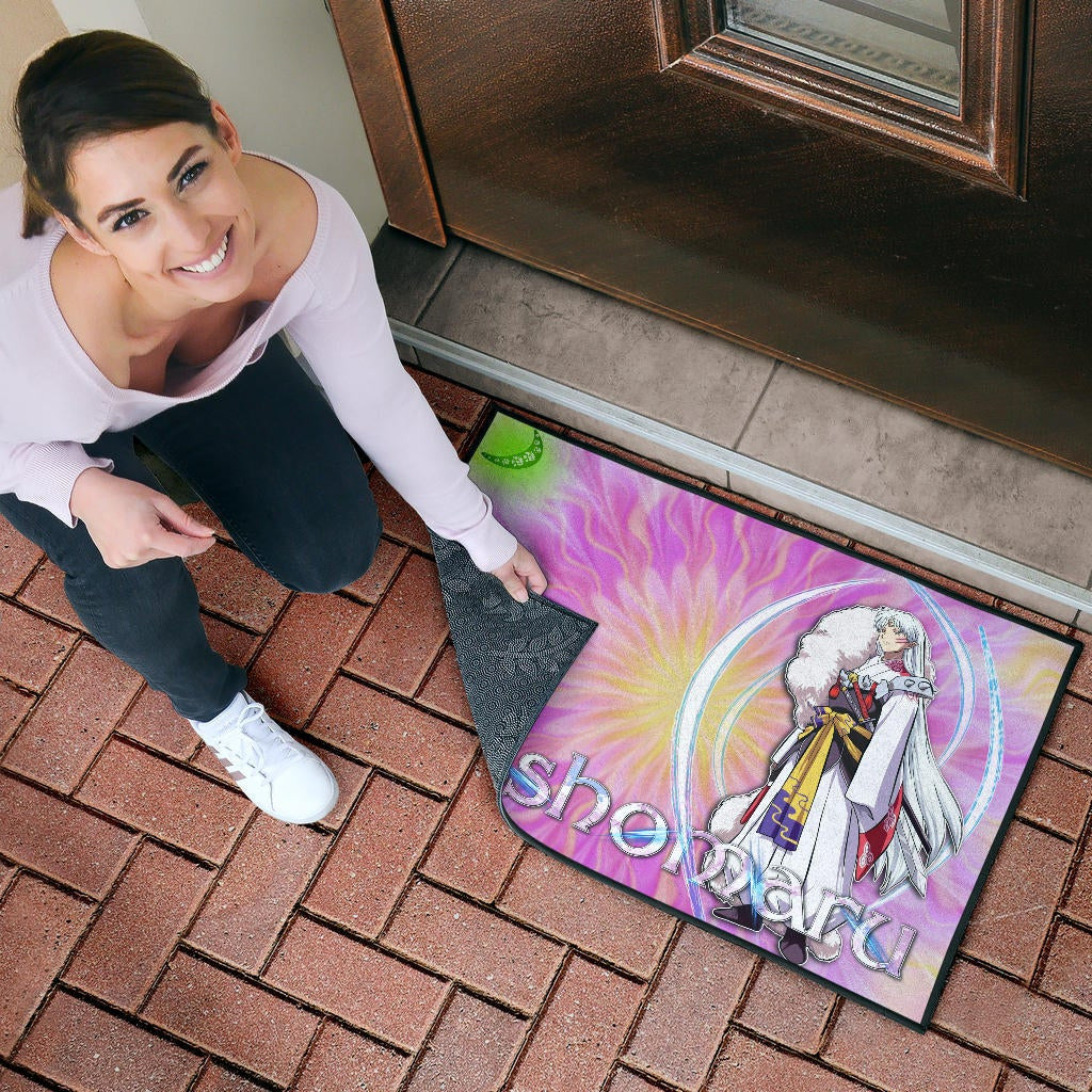 Inuyasha Anime Door Mat Sesshomaru Standing Black Moon Retro Flower Looping Background Door Mat Home Decor