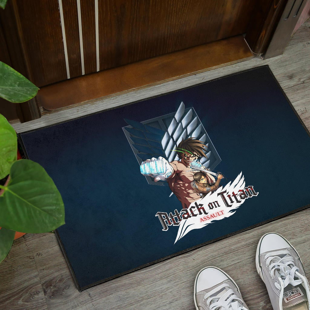 Attack On Titan Anime Door Mat - Eren Titan Punch And Eren Human Metal Wings Of Freedom Door Mat Home Decor