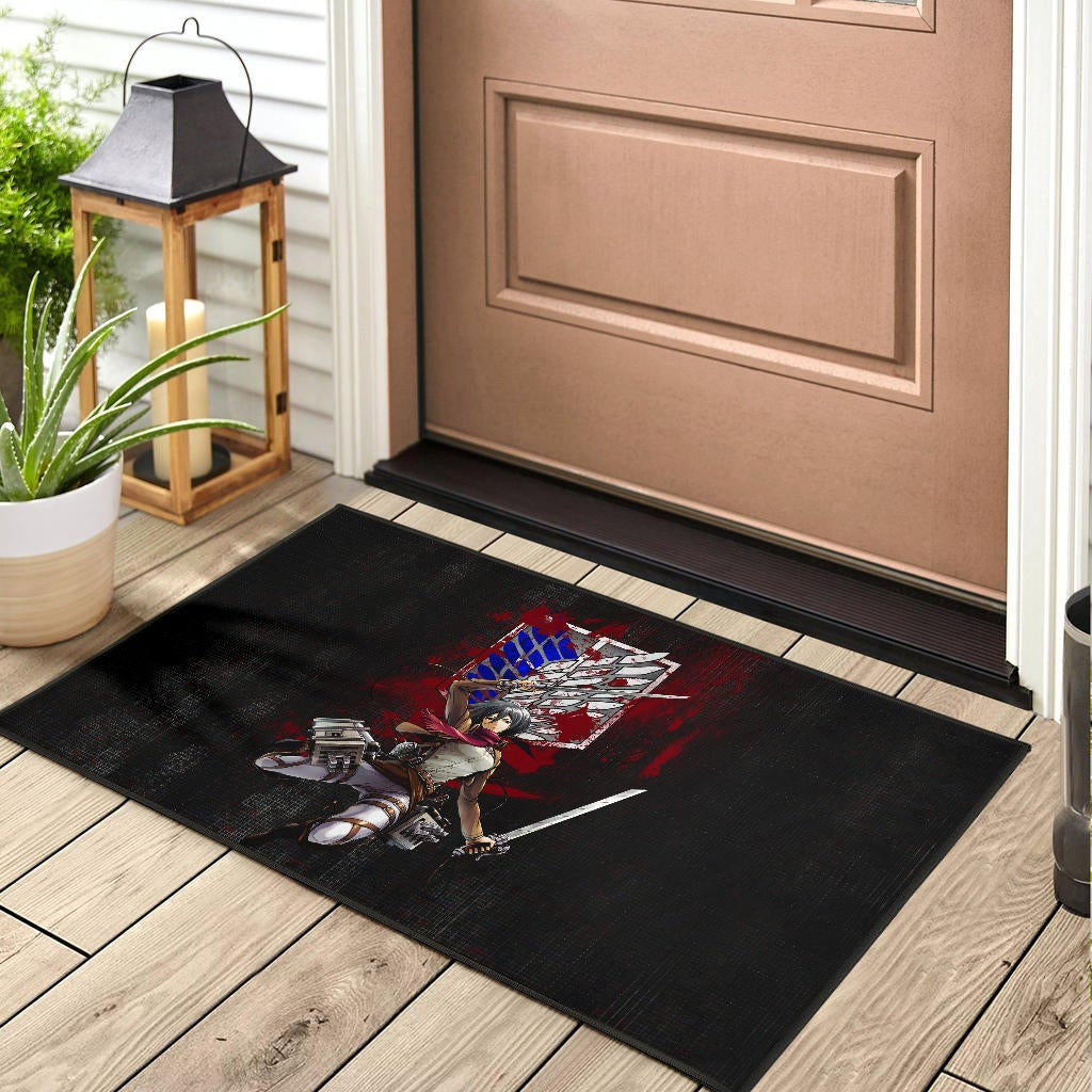 Attack On Titan Anime Door Mat - Mikasa Fighting Bloody Wings Of Freedom Symbol Door Mat Home Decor
