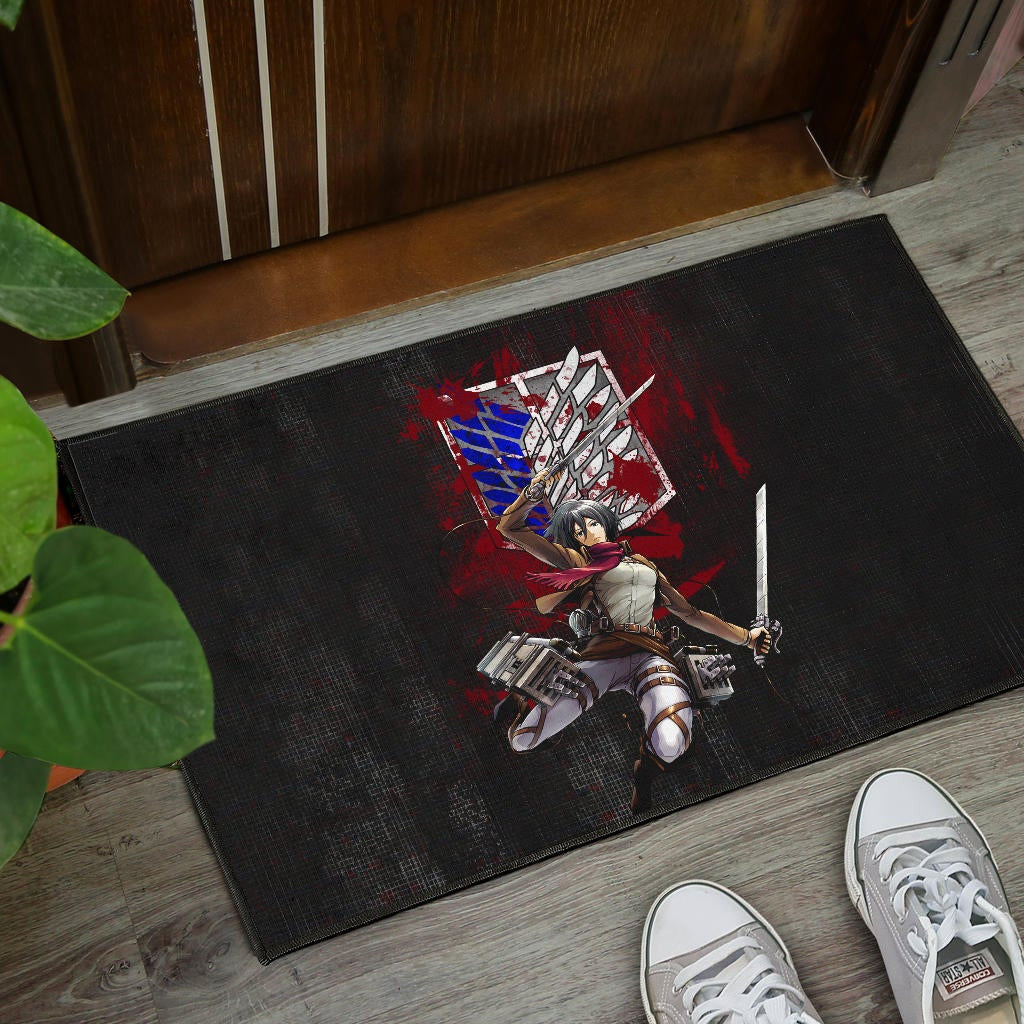 Attack On Titan Anime Door Mat - Mikasa Fighting Bloody Wings Of Freedom Symbol Door Mat Home Decor