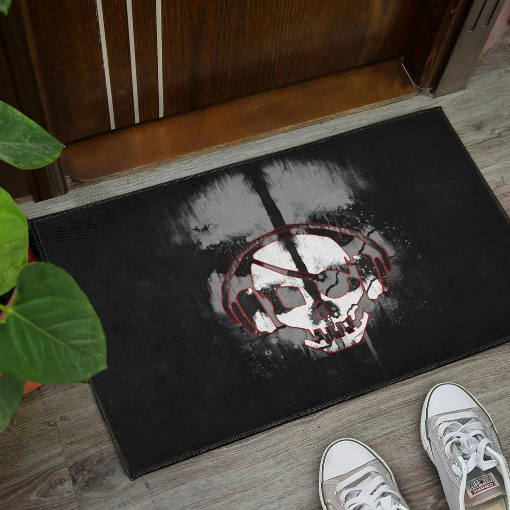 Skull Door Mat - Horror Pirate Skull Wear Headphone Black White Door Mat