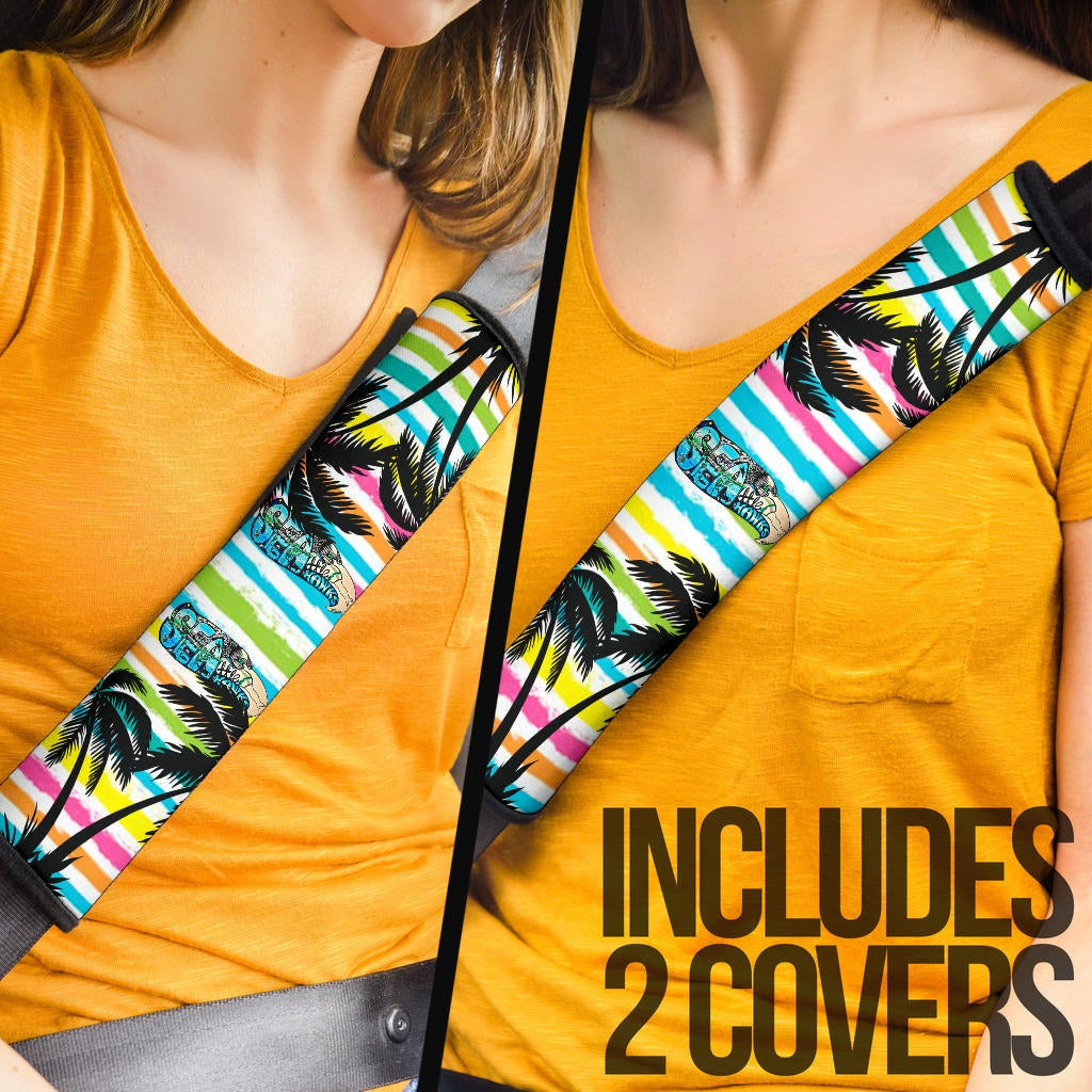 American Football Team Seat Belt Covers - Seattle Seahawks Holiday With Palm Tree Silhouette Belt Covers