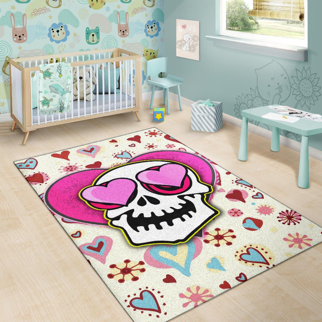 Valentine Area Rug - Skull In Love Heart Eyes Colorful Patterns Rugs Home Decor