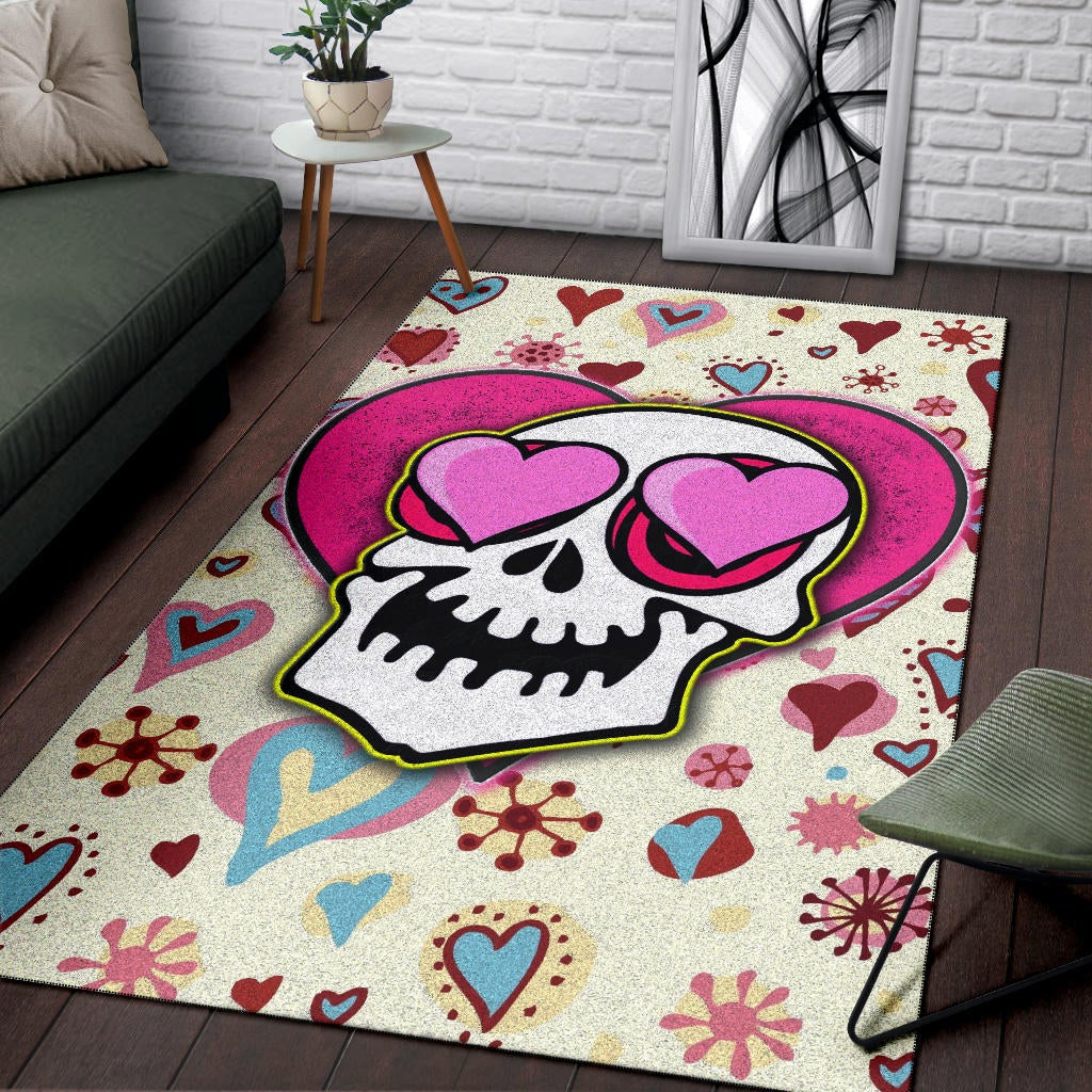 Valentine Area Rug - Skull In Love Heart Eyes Colorful Patterns Rugs Home Decor