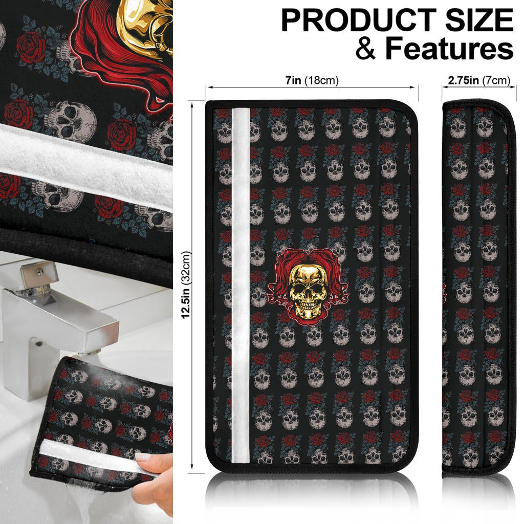 Valentine Seat Belt Covers Golden Skull Wearing Red Curly Hair Red Date Belt Covers