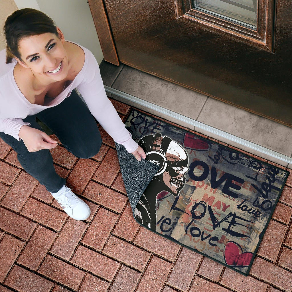 Love Door Mat - Introvert Skeleton Wearing Headphone Love Patterns Door Mat
