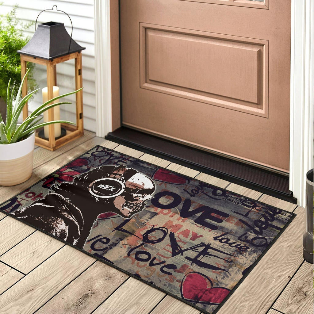 Love Door Mat - Introvert Skeleton Wearing Headphone Love Patterns Door Mat