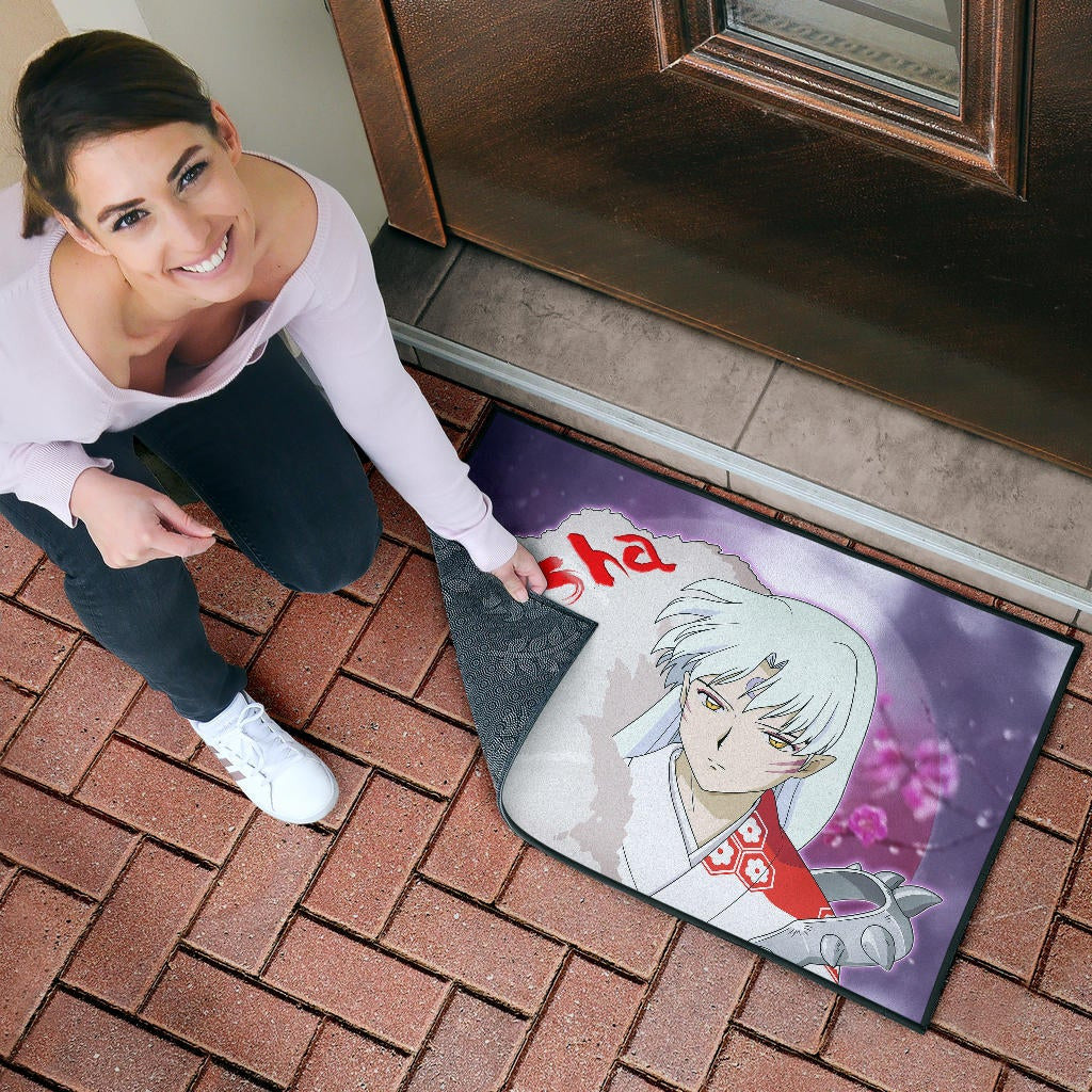 Inuyasha Anime Door Mat Sad Sesshomaru Face Sakura Blossom Flower At Night Door Mat Home Decor
