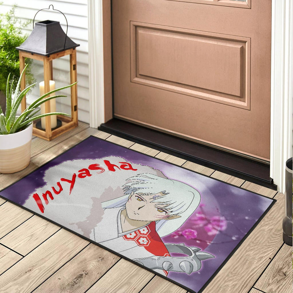 Inuyasha Anime Door Mat Sad Sesshomaru Face Sakura Blossom Flower At Night Door Mat Home Decor
