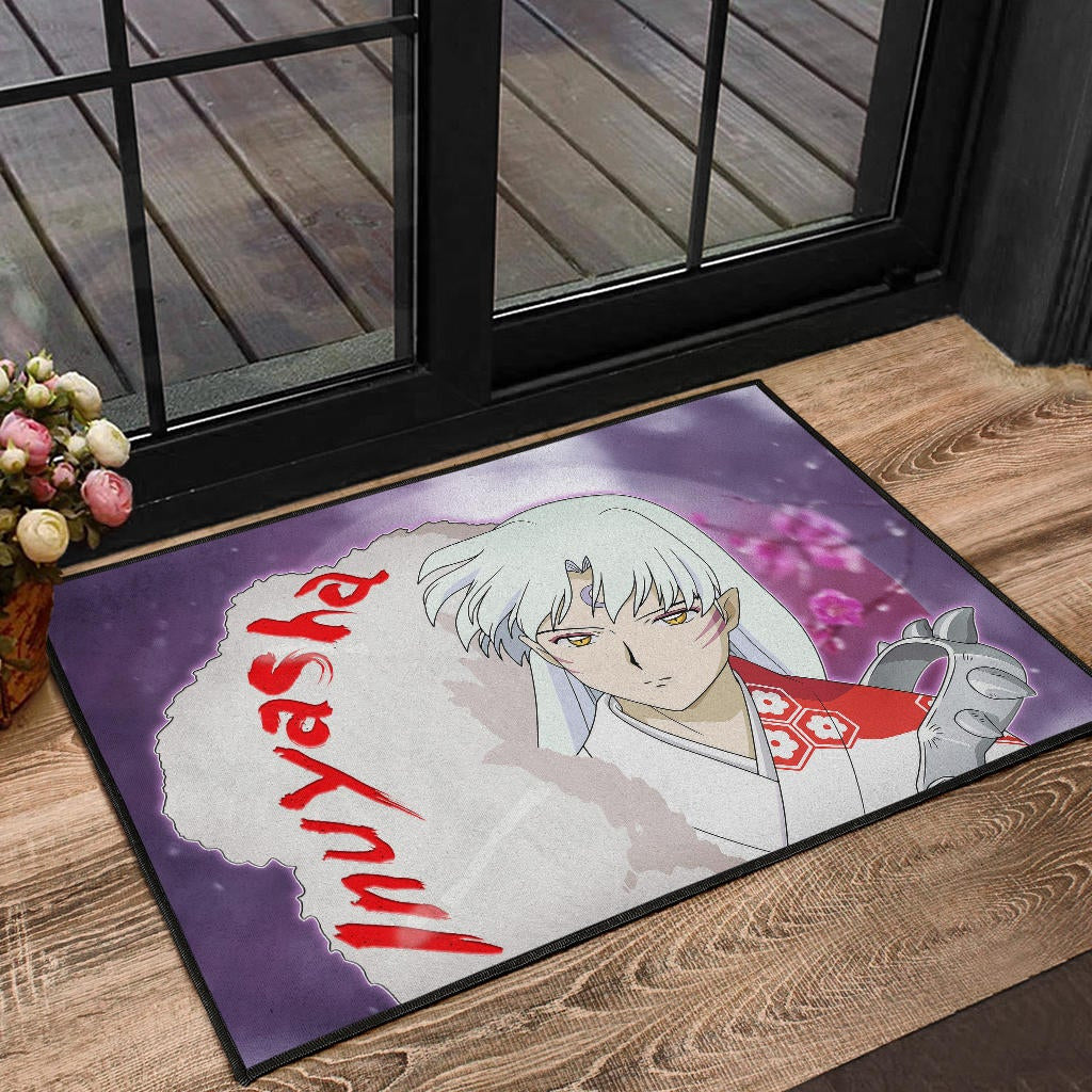 Inuyasha Anime Door Mat Sad Sesshomaru Face Sakura Blossom Flower At Night Door Mat Home Decor