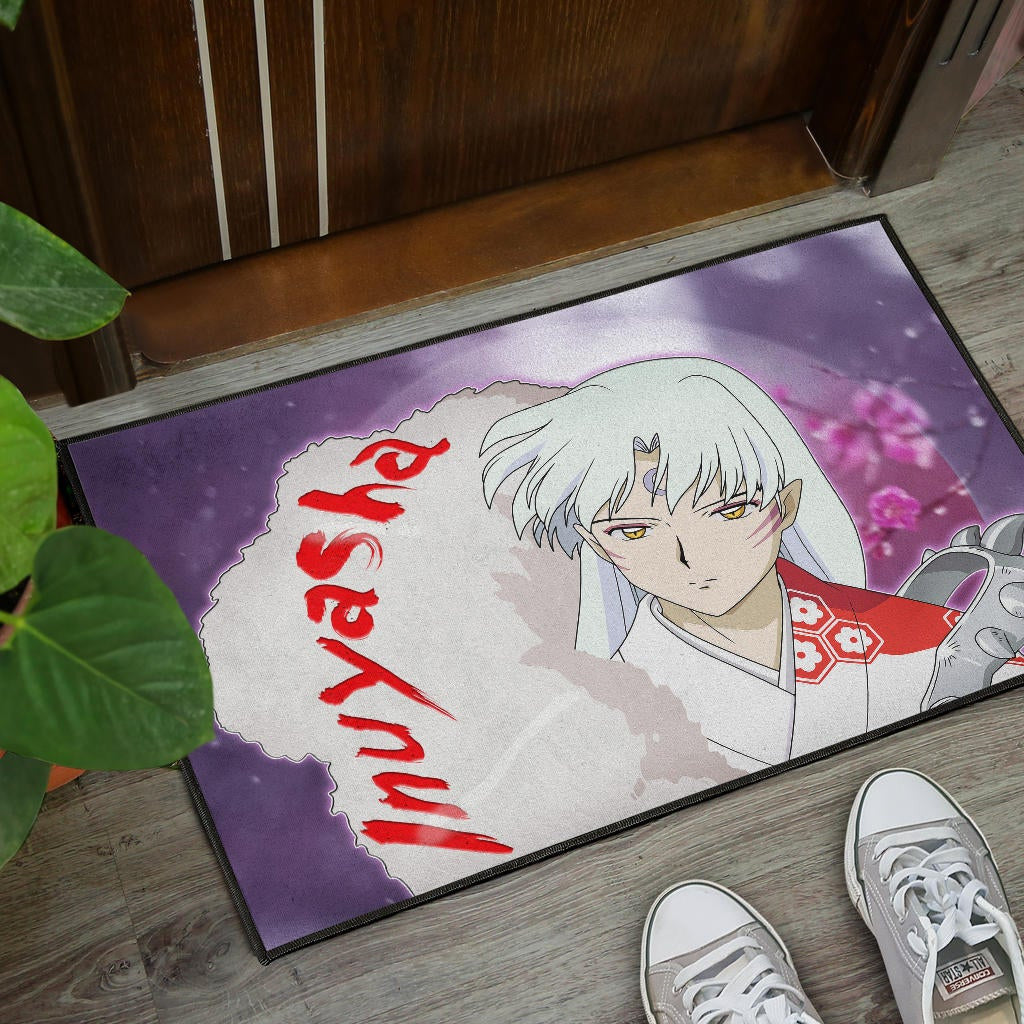 Inuyasha Anime Door Mat Sad Sesshomaru Face Sakura Blossom Flower At Night Door Mat Home Decor