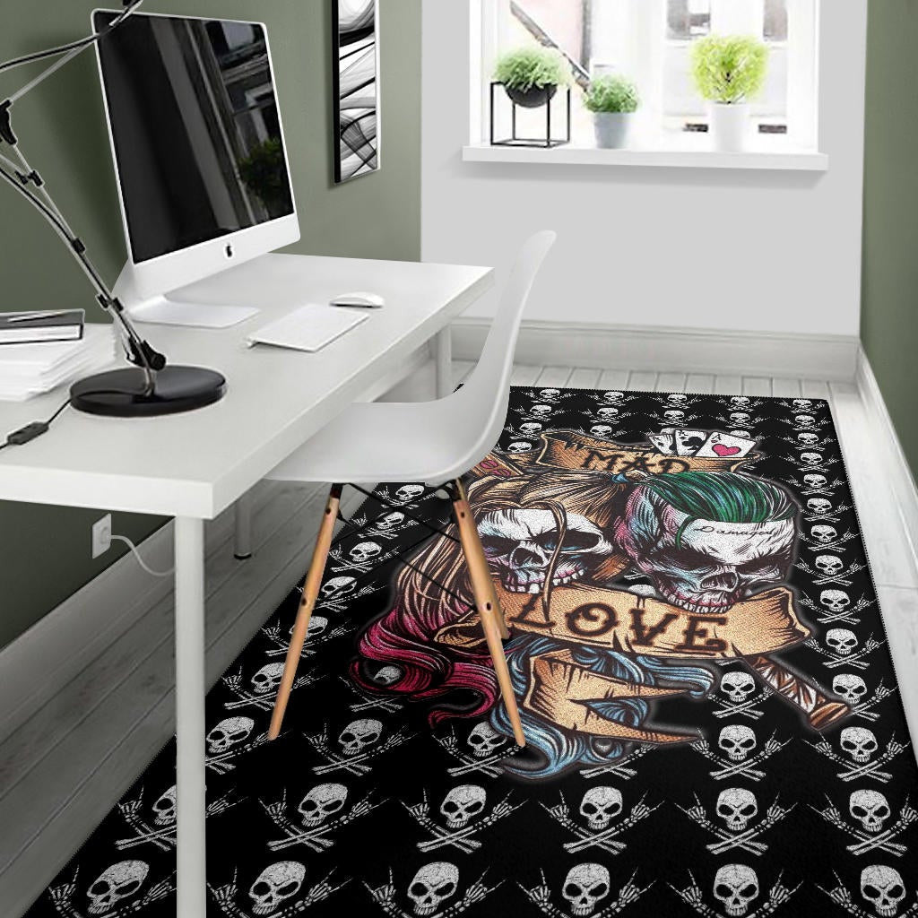 Valentine Area Rug - Mad Love Harley Quinn And Joker Skull Patterns Rugs Home Decor