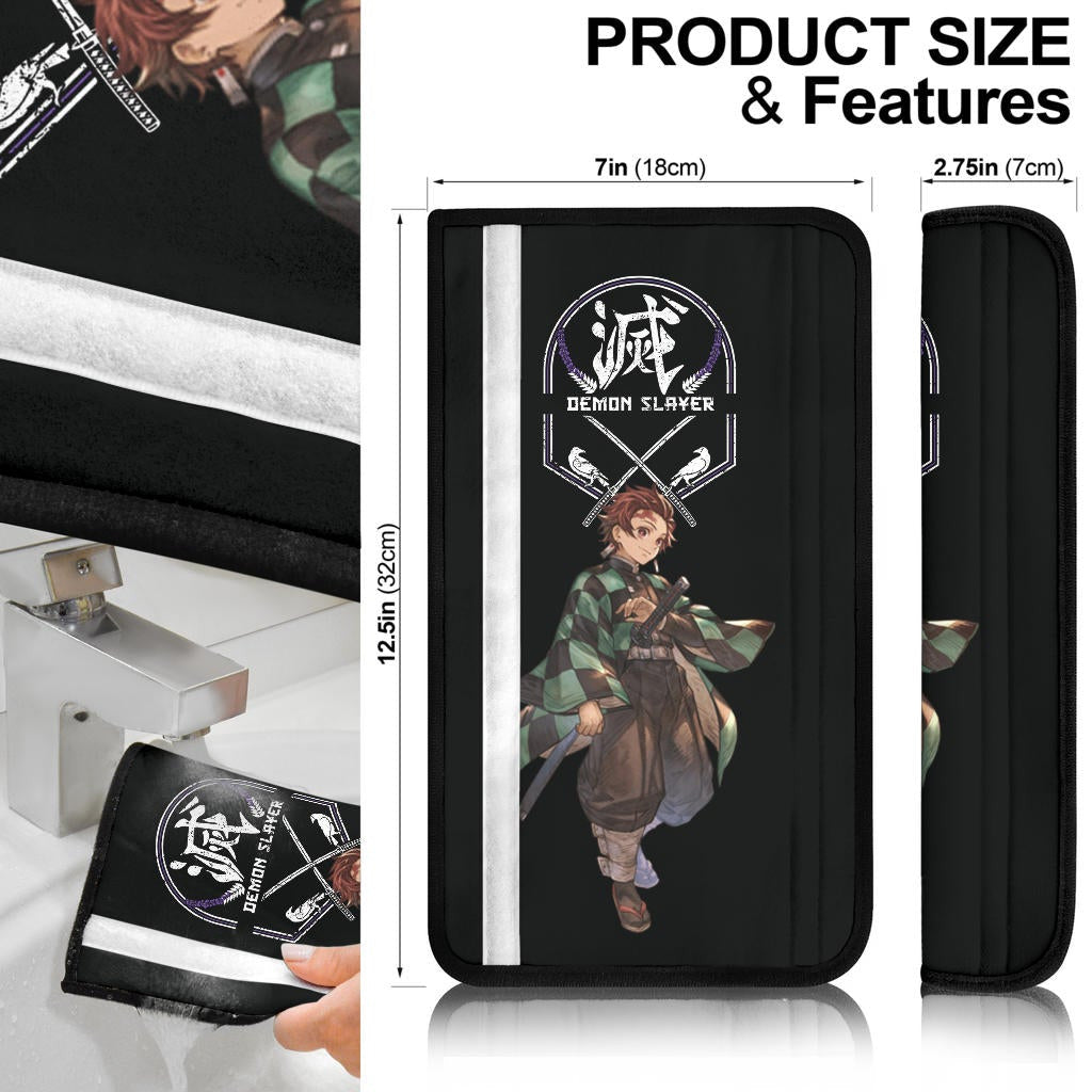 Demon Slayer Anime Seat Belt Covers - Tanjiro Standing Smiling Cross Swords DS Kanji Belt Covers