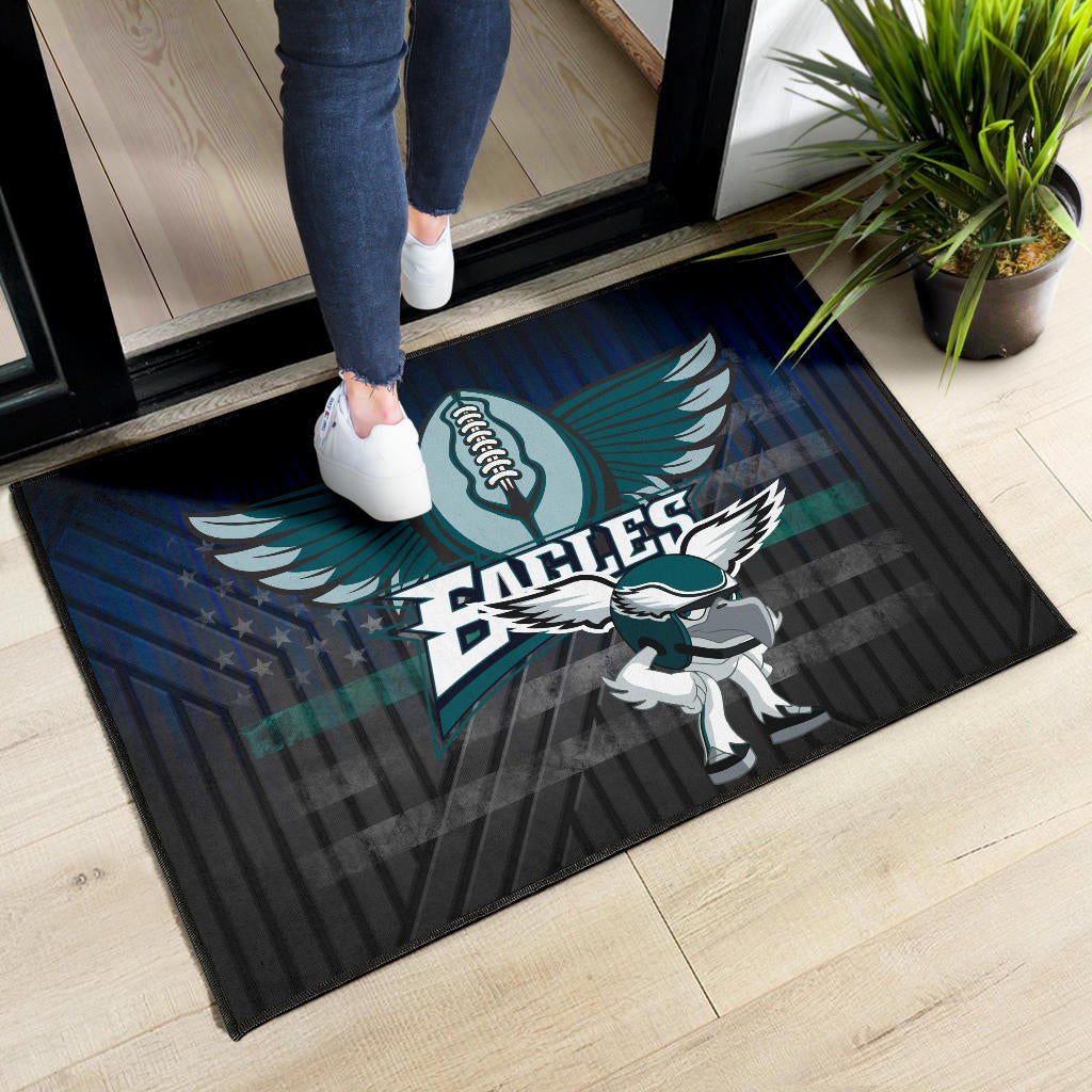 Philadelphia Eagles American Football Team Door Mat Funny Eagle Wearing Helmet Rugby Ball With Wings Door Mat Home Decor