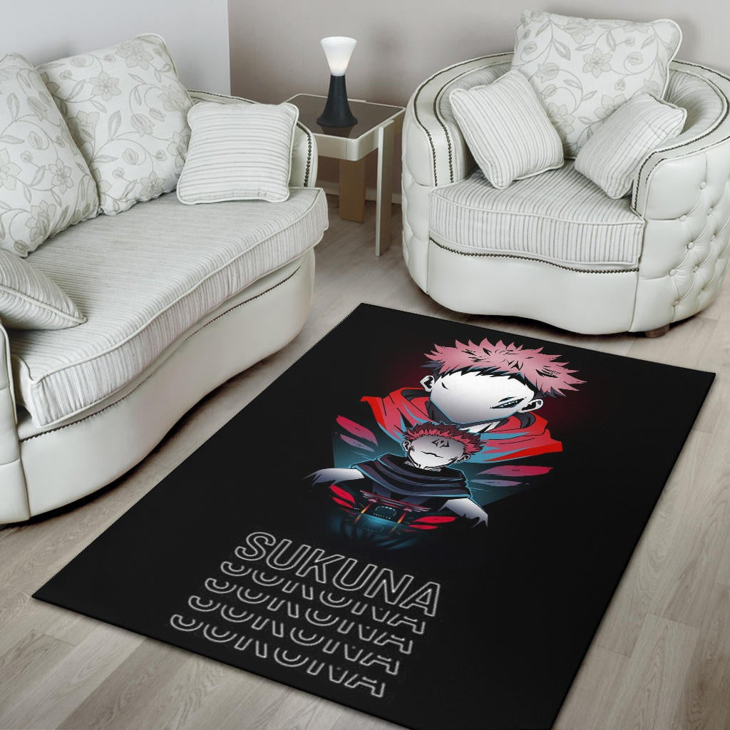 Jujutsu Kaisen Anime Area Rug Sukuna And Yuji No Face White Kanji Patterns Rugs Home Decor