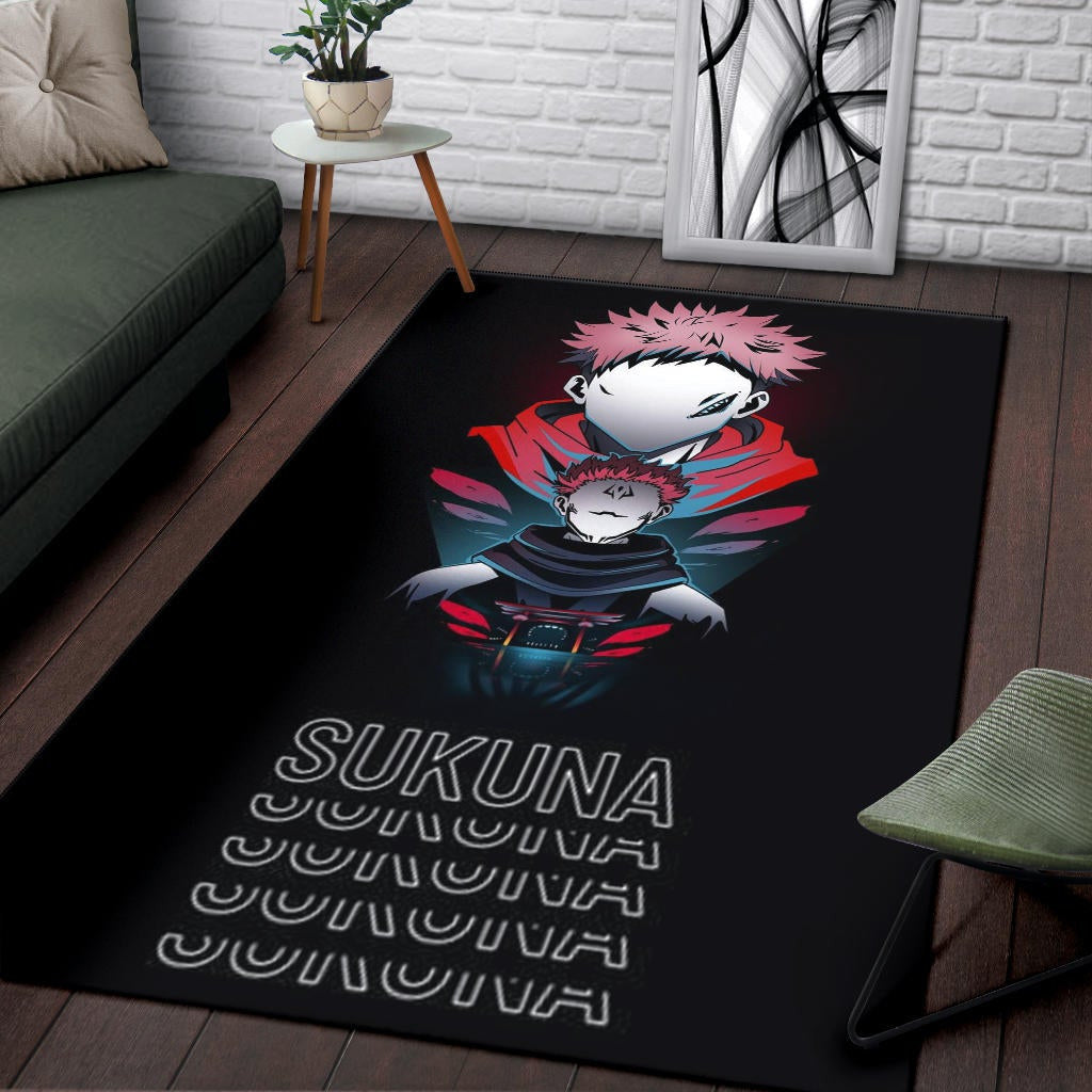 Jujutsu Kaisen Anime Area Rug Sukuna And Yuji No Face White Kanji Patterns Rugs Home Decor