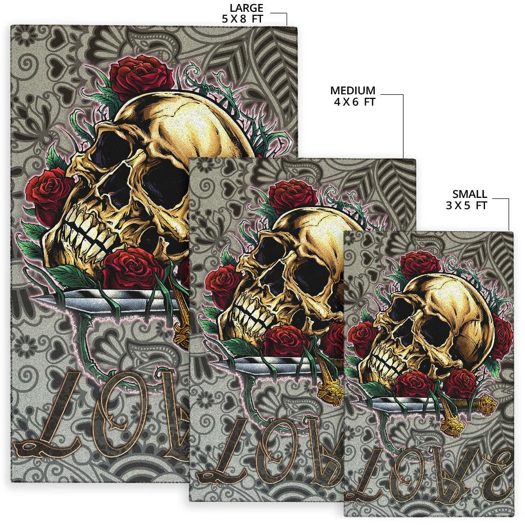 Valentine Area Rug - Golden Skull On Bunch Of Rose Flower Love Rugs Home Decor