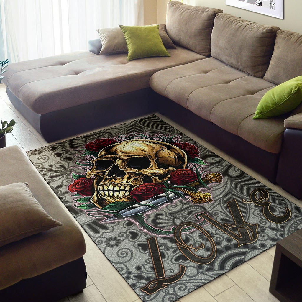 Valentine Area Rug - Golden Skull On Bunch Of Rose Flower Love Rugs Home Decor
