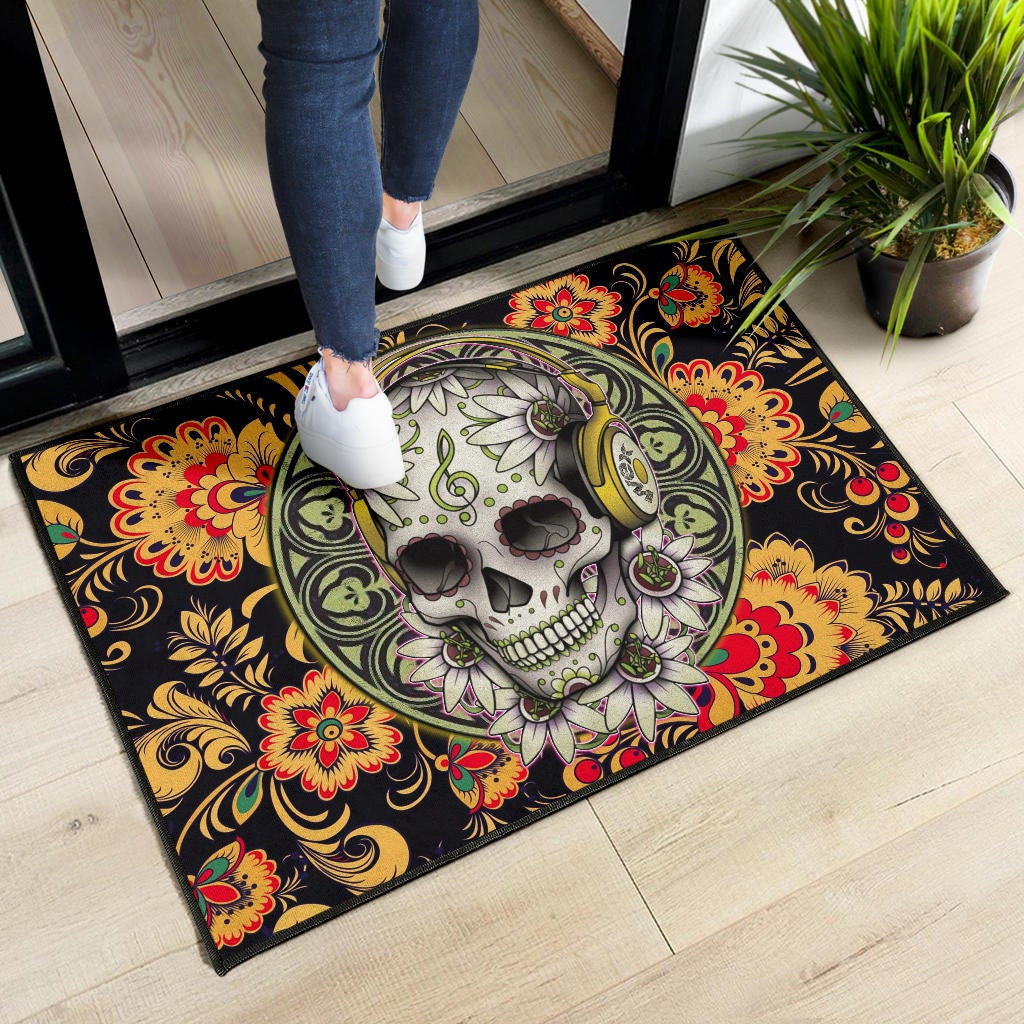 Valentine Door Mat - Mandala Skull Wearing Headphones Orange Artwork Door Mat