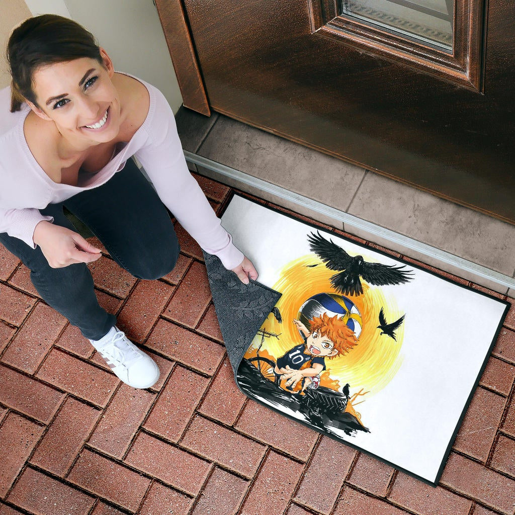 Haikyuu Anime Door Mat - Chibi Shouyou Hinata 10 Playing Volleyball Black Ravens Door Mat