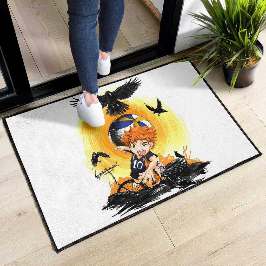 Haikyuu Anime Door Mat - Chibi Shouyou Hinata 10 Playing Volleyball Black Ravens Door Mat