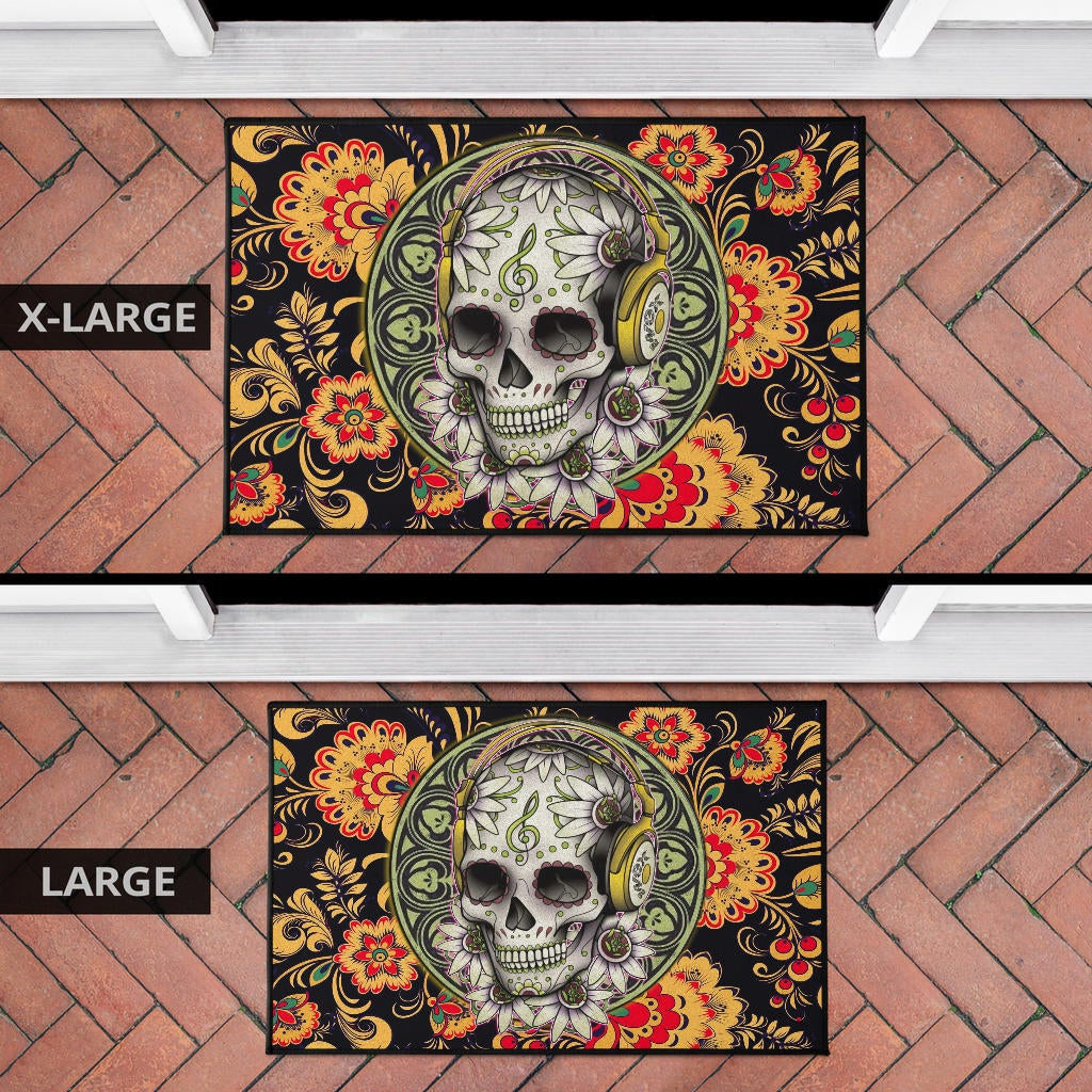 Valentine Door Mat - Mandala Skull Wearing Headphones Orange Artwork Door Mat