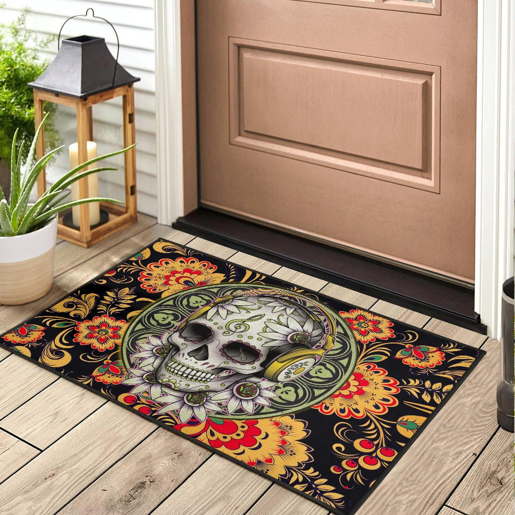 Valentine Door Mat - Mandala Skull Wearing Headphones Orange Artwork Door Mat