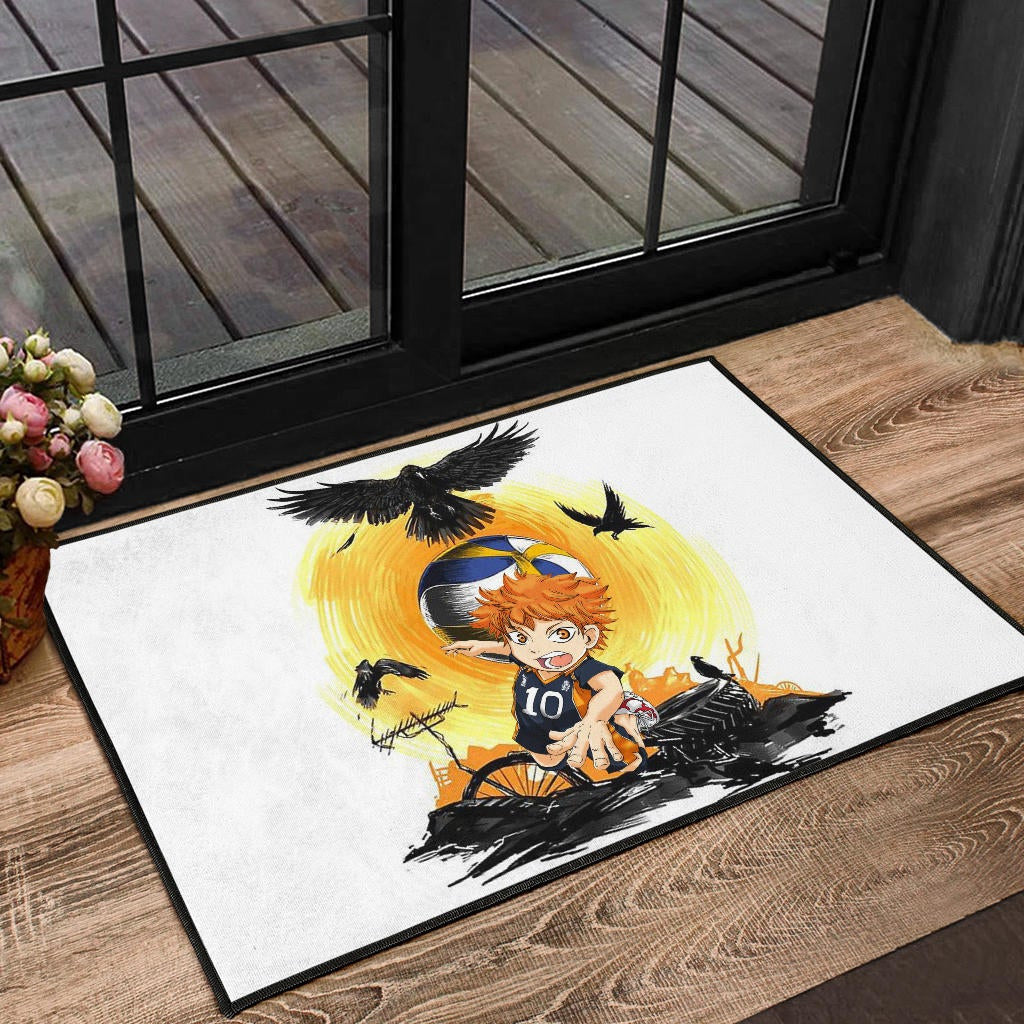 Haikyuu Anime Door Mat - Chibi Shouyou Hinata 10 Playing Volleyball Black Ravens Door Mat